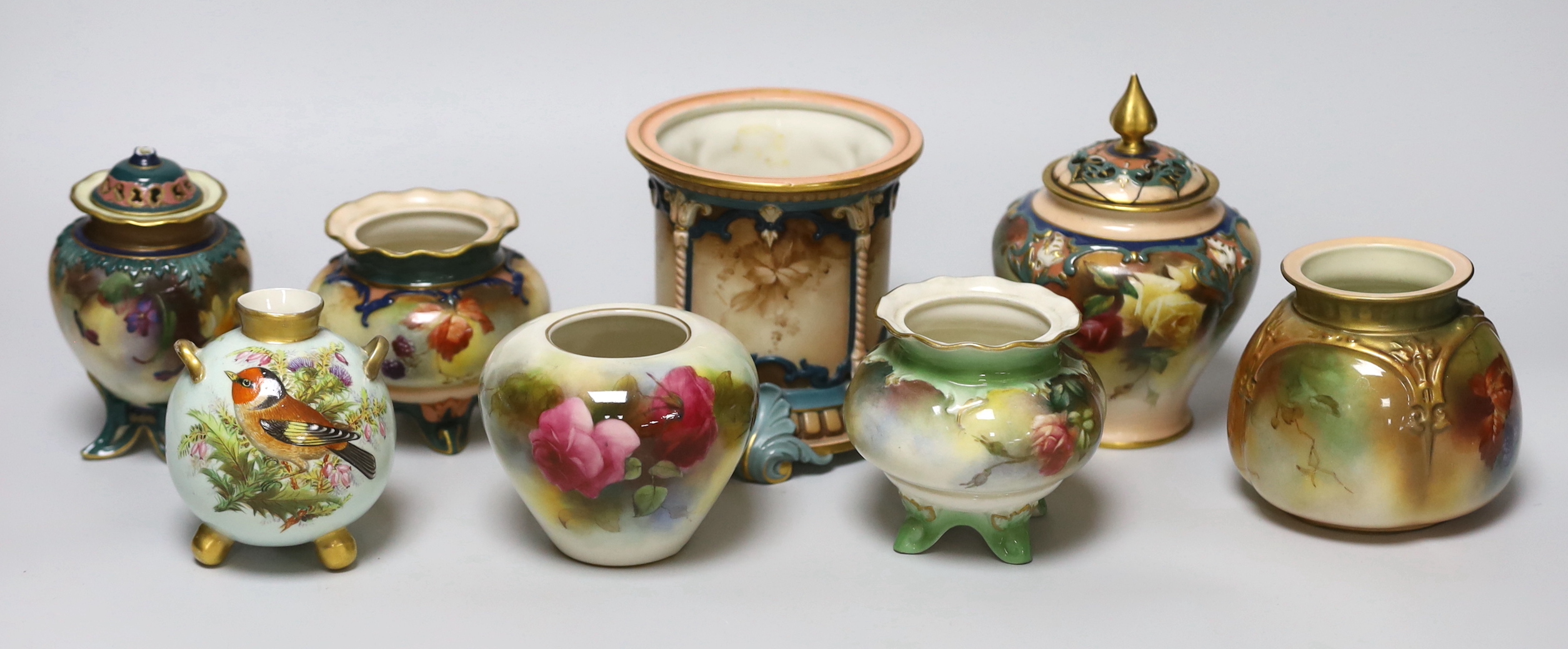 Six Royal Worcester ornamental vases, tallest 13cm, and two Harley’s Worcester pots